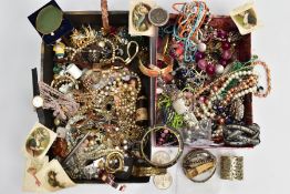 A BOX OF ASSORTED COSTUME JEWELLERY, to include a white metal twist bangle stamped 925, a white