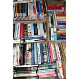 BOOKS, four boxes containing approximately 130 titles, include World War II, characters, battles,