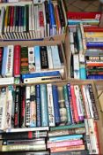 BOOKS, four boxes containing approximately 130 titles, include World War II, characters, battles,