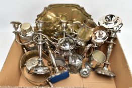 A BOX OF ASSORTED WHITE METAL WARE, to include a pair of silver-plated candlesticks on square