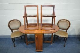 A CHERRYWOOD GATE LEG TABLE with four fold away chairs, and two balloon back chairs (7)