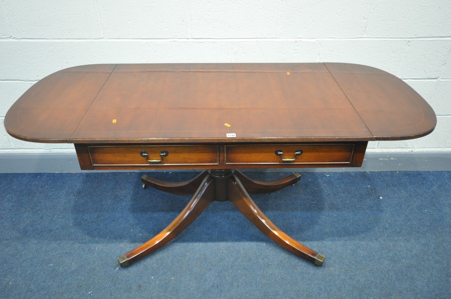 A REPRODUCTION MAHOGANY PEDESTAL SOFA TABLE with two frieze drawers, open length 168cm x closed - Image 2 of 2