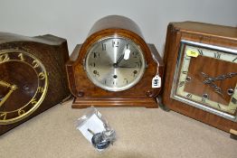THREE FIRST HALF 20TH CENTURY EIGHT DAY MANTEL CLOCKS, including two with Whittington chimes, one an