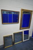 FIVE VARIOUS MODERN WALL MIRRORS, to include a gilt framed French style wall mirror, 110cm x 90cm
