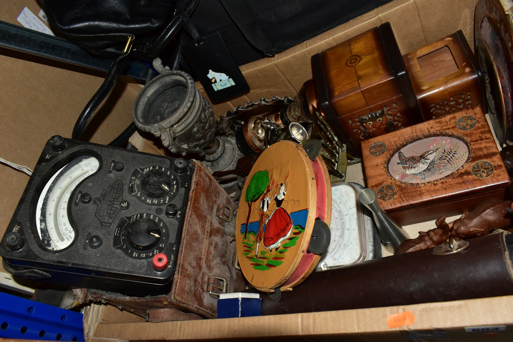 TWO BOXES AND LOOSE WALKING STICKS, PICTURES, METALWARE, COLLECTABLES, ETC, including a wooden and - Image 5 of 10