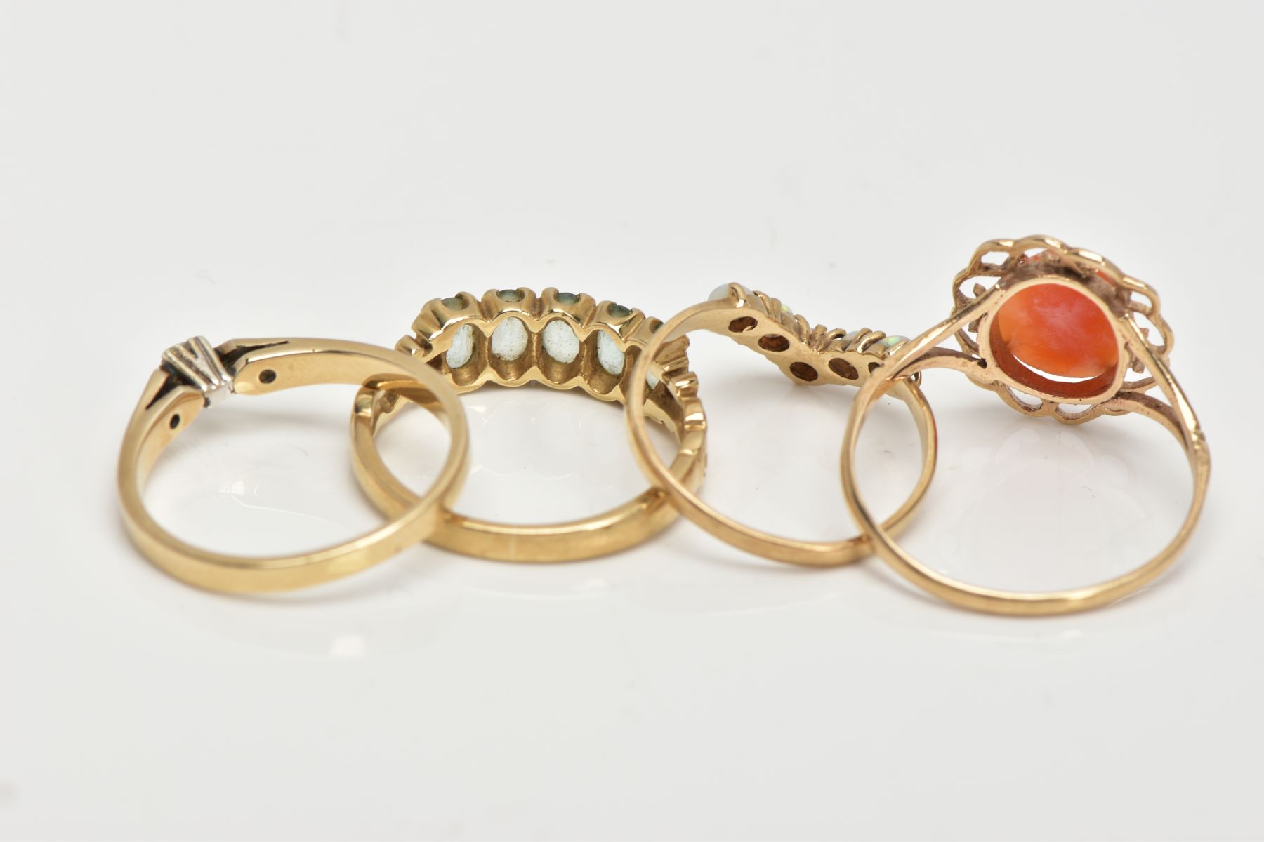 FOUR 9CT GOLD RINGS, to include a profile cameo ring set in a scrolled open work setting with - Image 3 of 4