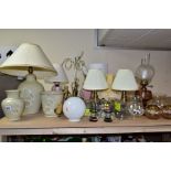 A GROUP OF TABLE LAMPS, LIGHT FITTINGS, LAMPSHADES AND CANDLE HOLDERS, to include a Denby Daybreak