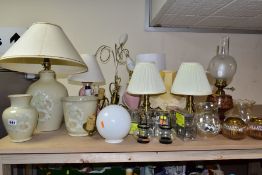 A GROUP OF TABLE LAMPS, LIGHT FITTINGS, LAMPSHADES AND CANDLE HOLDERS, to include a Denby Daybreak