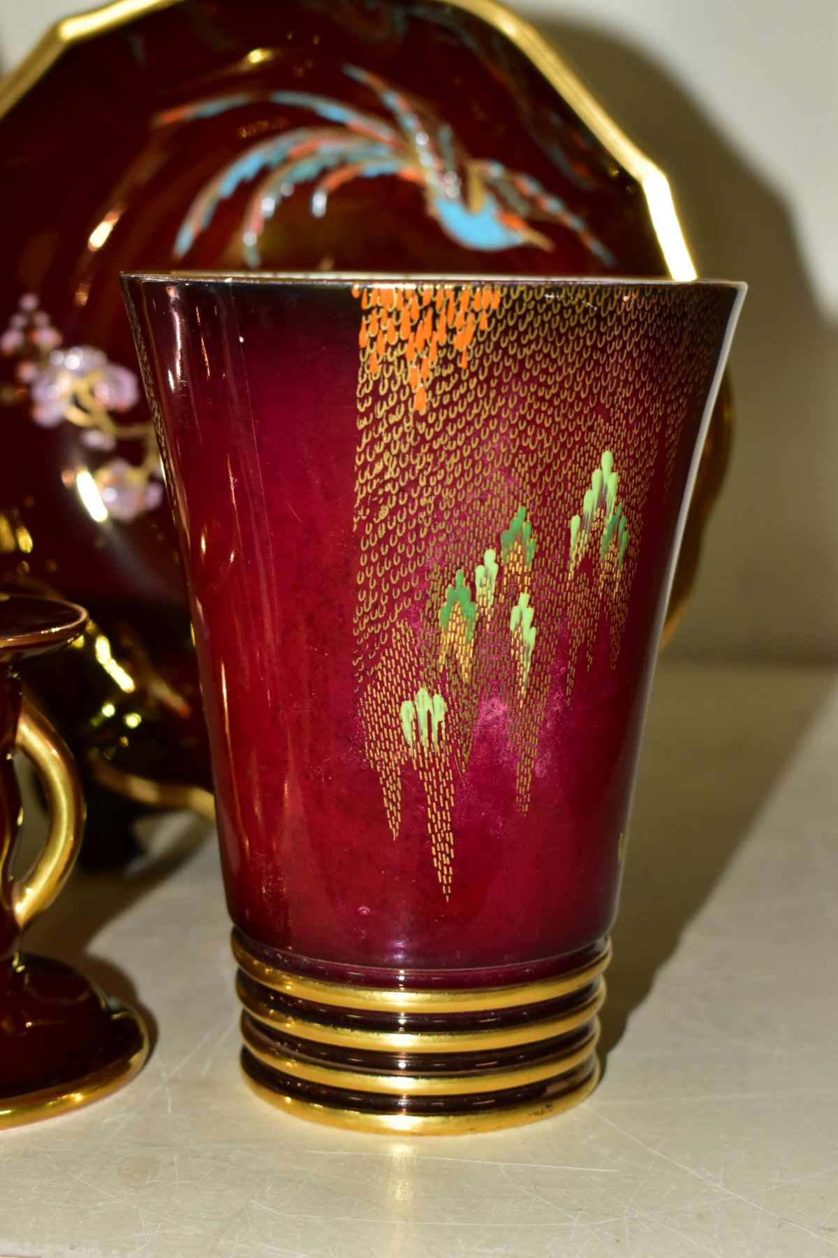 FIVE PIECES OF CARLTON WARE ROUGE ROYALE, comprising a triangular dish in the Heron and Magical Tree - Image 2 of 8