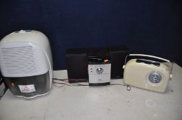 A SONY CMT-EH45DAB HI FI with two speakers, a Bush retro style radio and a De'Longhi Dehumidifier (
