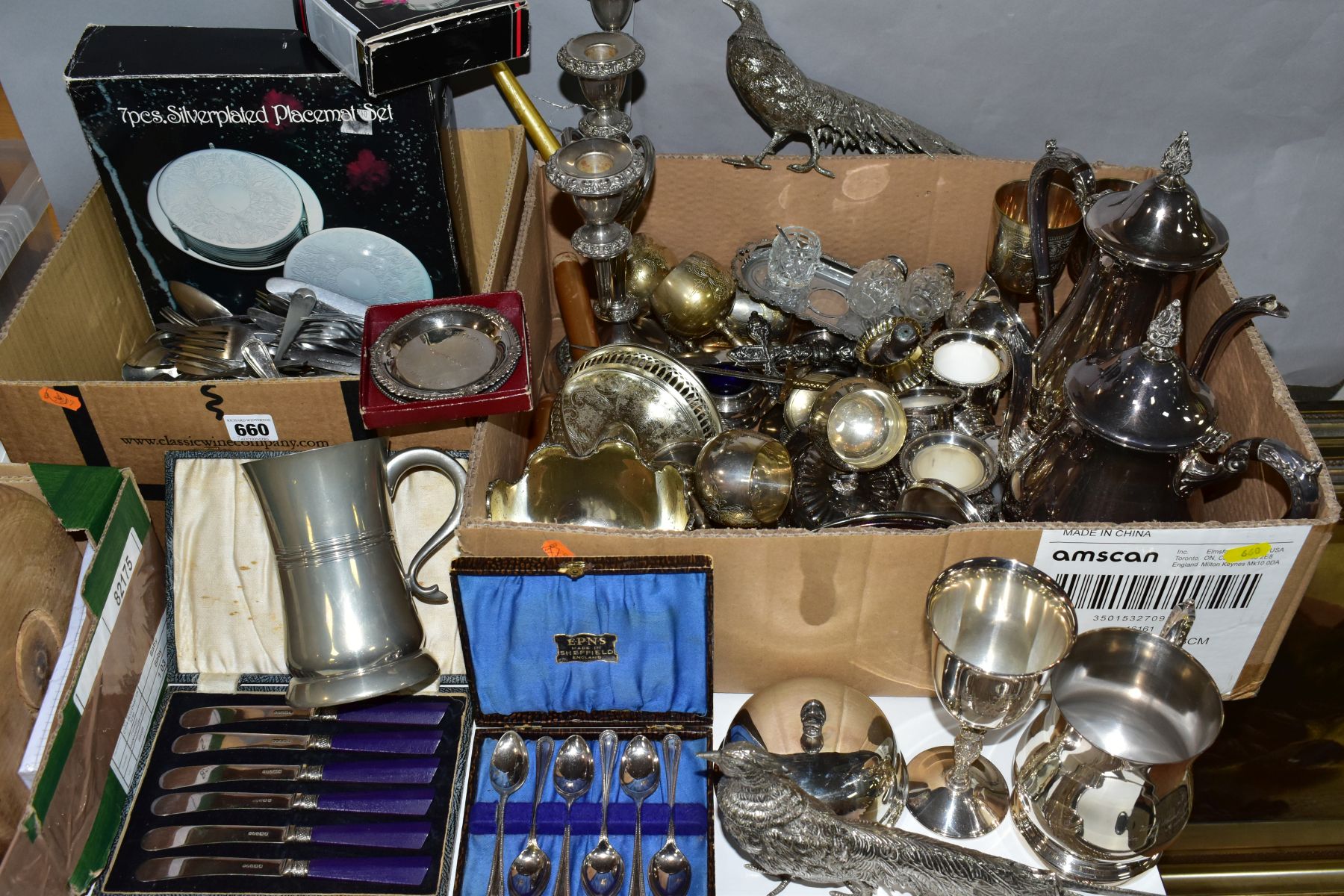 TWO BOXES OF SILVER PLATED AND OTHER METALWARES, to include boxed placemat and coaster sets, a