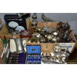 TWO BOXES OF SILVER PLATED AND OTHER METALWARES, to include boxed placemat and coaster sets, a