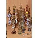 FIFTEEN DECORATIVE HAND BLOWN PERFUME BOTTLES, there are several different styles and sizes, each