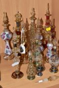 FIFTEEN DECORATIVE HAND BLOWN PERFUME BOTTLES, there are several different styles and sizes, each