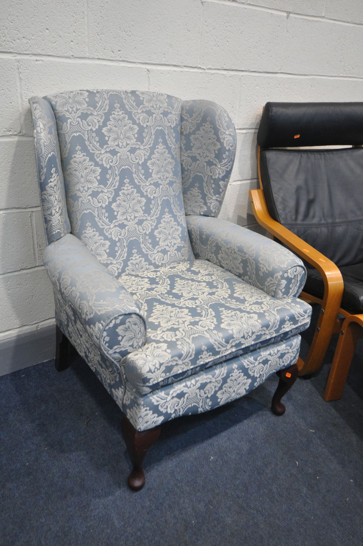 A MODERN BEECH AND BLACK LEATHERETTE CANTILEVER CHAIR, and footstool, along with a French armchair - Image 3 of 5