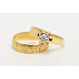 AN 18CT GOLD WEDDING RING SET, to include an illusion set single stone diamond ring, set with a