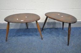 TWO SIMILAR ERCOL ASH AND BEECH PEBBLE TABLES, width 50cm x depth 36cm x height 36cm