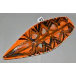 A POOLE POTTERY ORANGE DELPHIS PATTERN SPEAR SHAPED TRAY, printed back stamp, approximate length