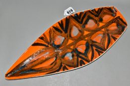 A POOLE POTTERY ORANGE DELPHIS PATTERN SPEAR SHAPED TRAY, printed back stamp, approximate length