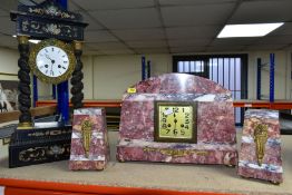 AN ART DECO MARBLE CLOCK GARNITURE AND A LATE 19TH CENTURY EBONISED AND INLAID MANTEL CLOCK, the