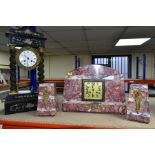 AN ART DECO MARBLE CLOCK GARNITURE AND A LATE 19TH CENTURY EBONISED AND INLAID MANTEL CLOCK, the