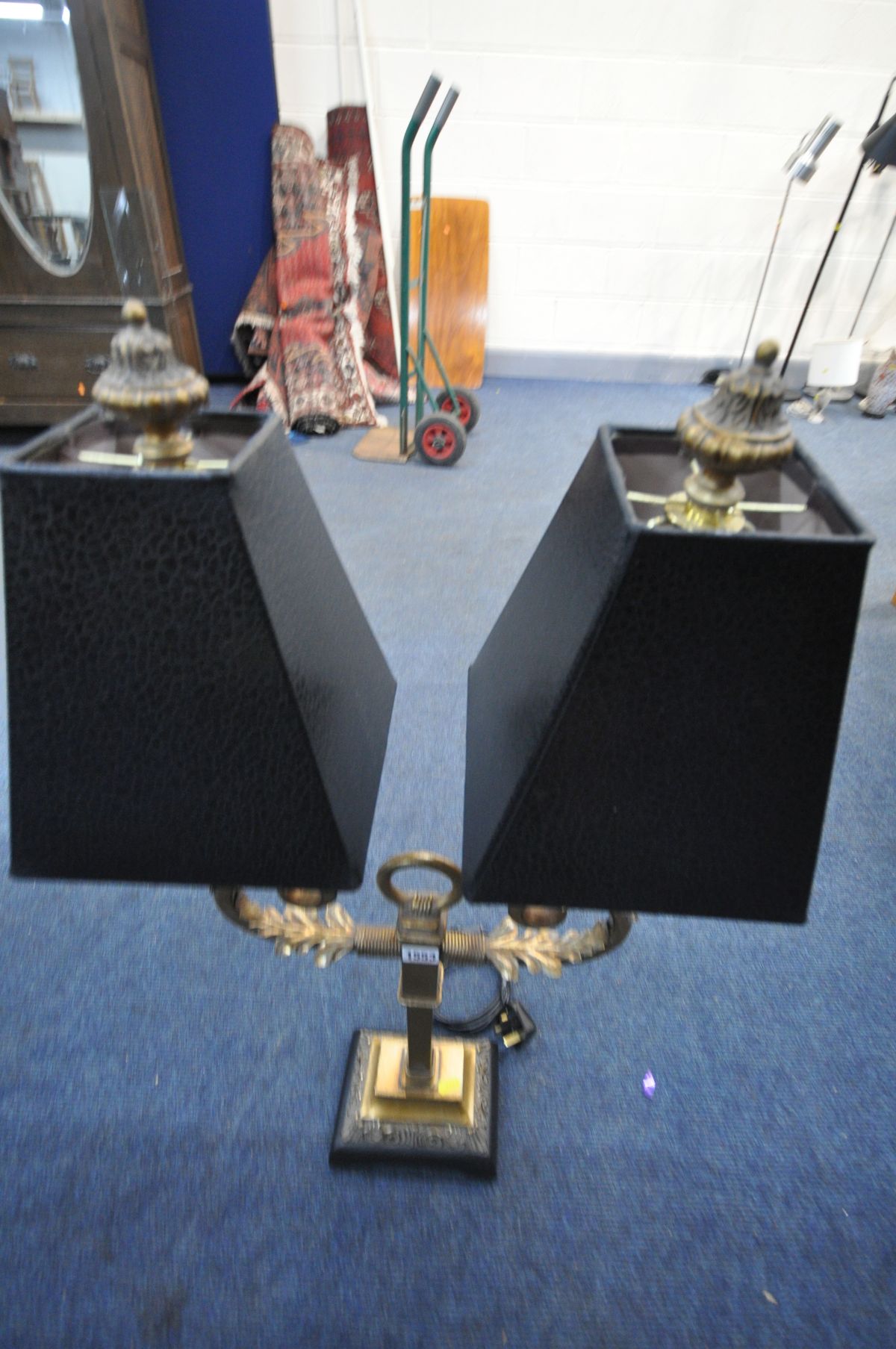 A SELECTION OF LIGHTING, to include a French brassed and ebonised twin branch table lamp, with - Image 4 of 4