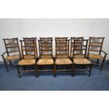 A SET OF TEN REPRODUCTION OAK SPINDLE BACK LANCASHIRE CHAIRS, with rush seats, including two