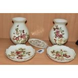 ZSOLNAY PECS CERAMICS COMPRISING A PAIR OF 067 PATTERN VASES, a pair of 067 pattern dishes and a 020
