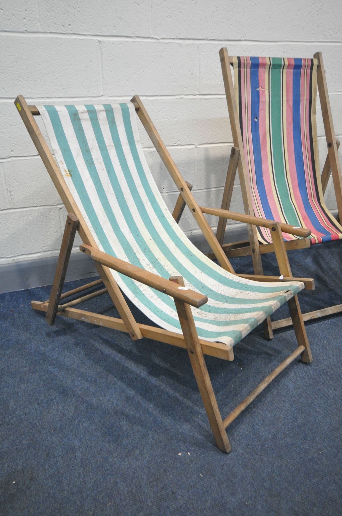 TWO VINTAGE FOLDING DECK CHAIRS with armrests, and green stripped fabric, and another folding deck - Image 2 of 2