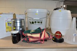 A GROUP OF HOME BREWING AND BEER RELATED ITEMS, to include five Brewferm metal mini kegs, two