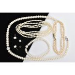 FIVE PIECES OF CULTURED PEARL JEWELLERY, to include a three piece gift set comprising of a necklace,