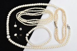 FIVE PIECES OF CULTURED PEARL JEWELLERY, to include a three piece gift set comprising of a necklace,