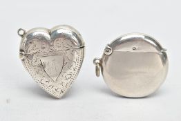 TWO SILVER VESTA CASES, the first in the form of a heart, rubbed vine design with a vacant shield