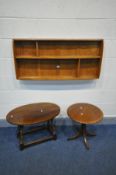 AN ERCOL GOLDEN DAWN HANGING PLATE RACK, width 107cm x height 49cm, a Jentique occasional table