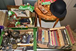 THREE BOXES AND LOOSE BOOKS, TOYS, METALWARES, MUSICAL TABLE AND SUNDRY ITEMS, to include a small