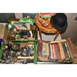 THREE BOXES AND LOOSE BOOKS, TOYS, METALWARES, MUSICAL TABLE AND SUNDRY ITEMS, to include a small