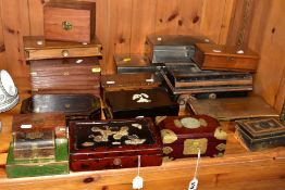 SEVENTEEN ASSORTED WOODEN, METAL AND LACQUER BOXES, late 19th century to modern in date, including