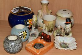 A SMALL GROUP OF CARLTON WARE CRESTED WARES ETC, comprising a tobacco jar, with embossed crest