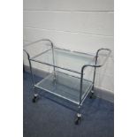 A STAINLESS STEEL AND GLASS TWO TIER DRINKS TROLLEY