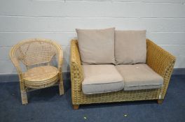 A WICKER TWO SEATER SETTEE, length 128cm, and a tub chair (2)