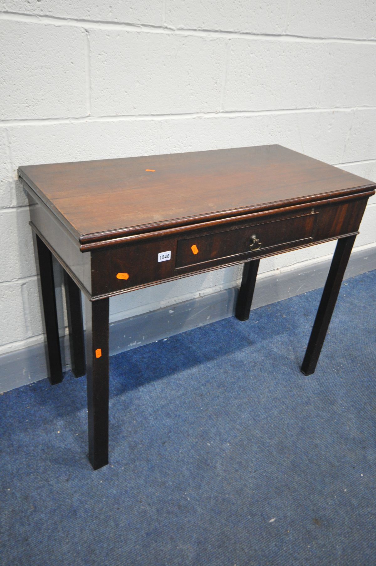 A GEORGIAN MAHOGANY TEA TABLE, the fold over top with a single frieze drawer, on square legs, - Image 2 of 3