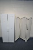 A WHITE FINISH TWO DOOR WARDROBE, width 79cm x depth 50cm x height 191cm, and a white painted triple