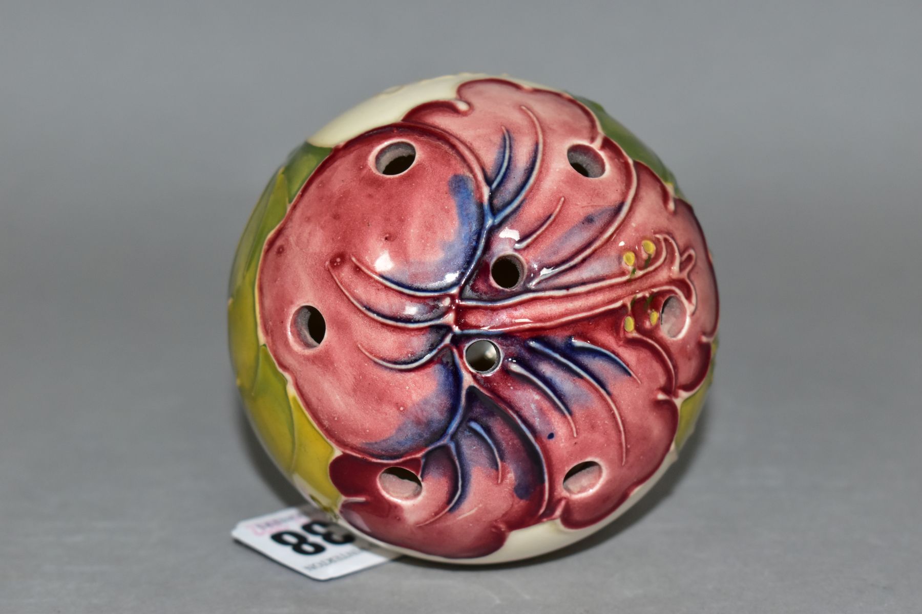 A MOORCROFT POTTERY POMANDER DECORATED WITH A PINK HIBISCUS ON A CREAM GROUND, tube lined date of - Image 5 of 5