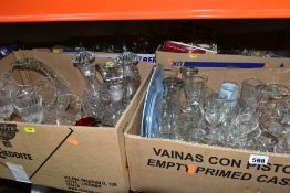 FOUR BOXES OF ASSORTED GLASSWARE, including plain drinking glasses, vases, decanters, jugs,