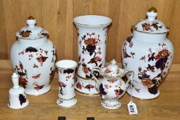SIX PIECES OF COALPORT HONG KONG PATTERN CERAMIC WARES, comprising two covered vases heights
