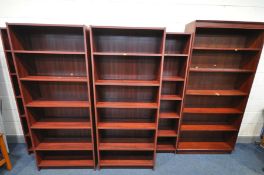 A SET OF FIVE MATCHING MAHOGANY OPEN BOOKCASES, with five shelves, width 76cm x depth 29cm x