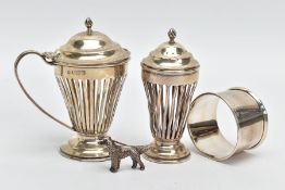 FOUR SILVER ITEMS, to include an openwork mustard with cover (missing glass insert) hallmarked '