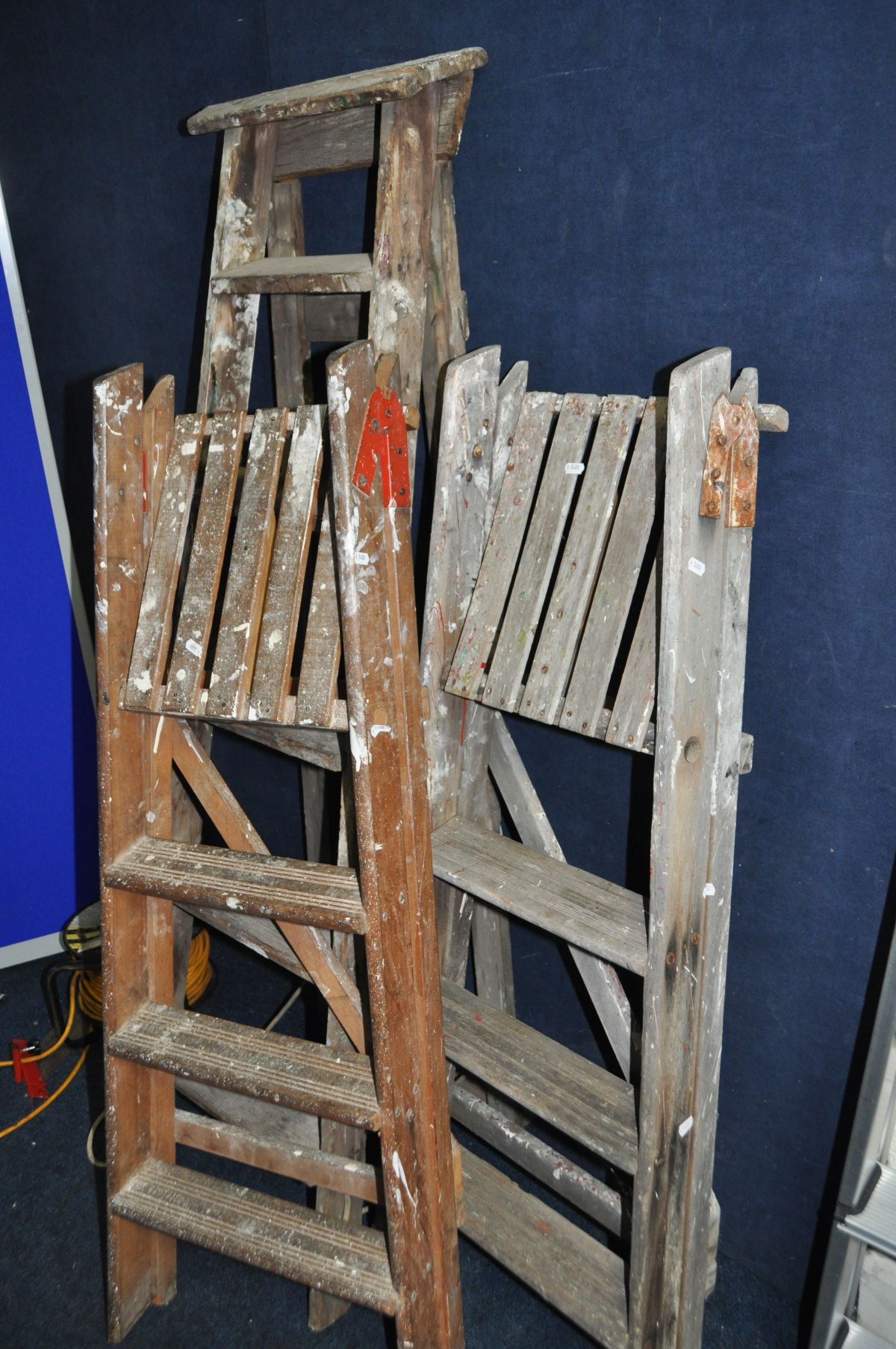 THREE VINTAGE WOODEN STEP LADDERS at 155cm , 135cm and 135cm long - Image 2 of 2