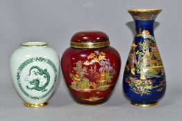 THREE PIECES OF CARLTON WARE AND CROWN DEVON, comprising a Crown Devon red lustre ginger jar and