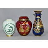 THREE PIECES OF CARLTON WARE AND CROWN DEVON, comprising a Crown Devon red lustre ginger jar and